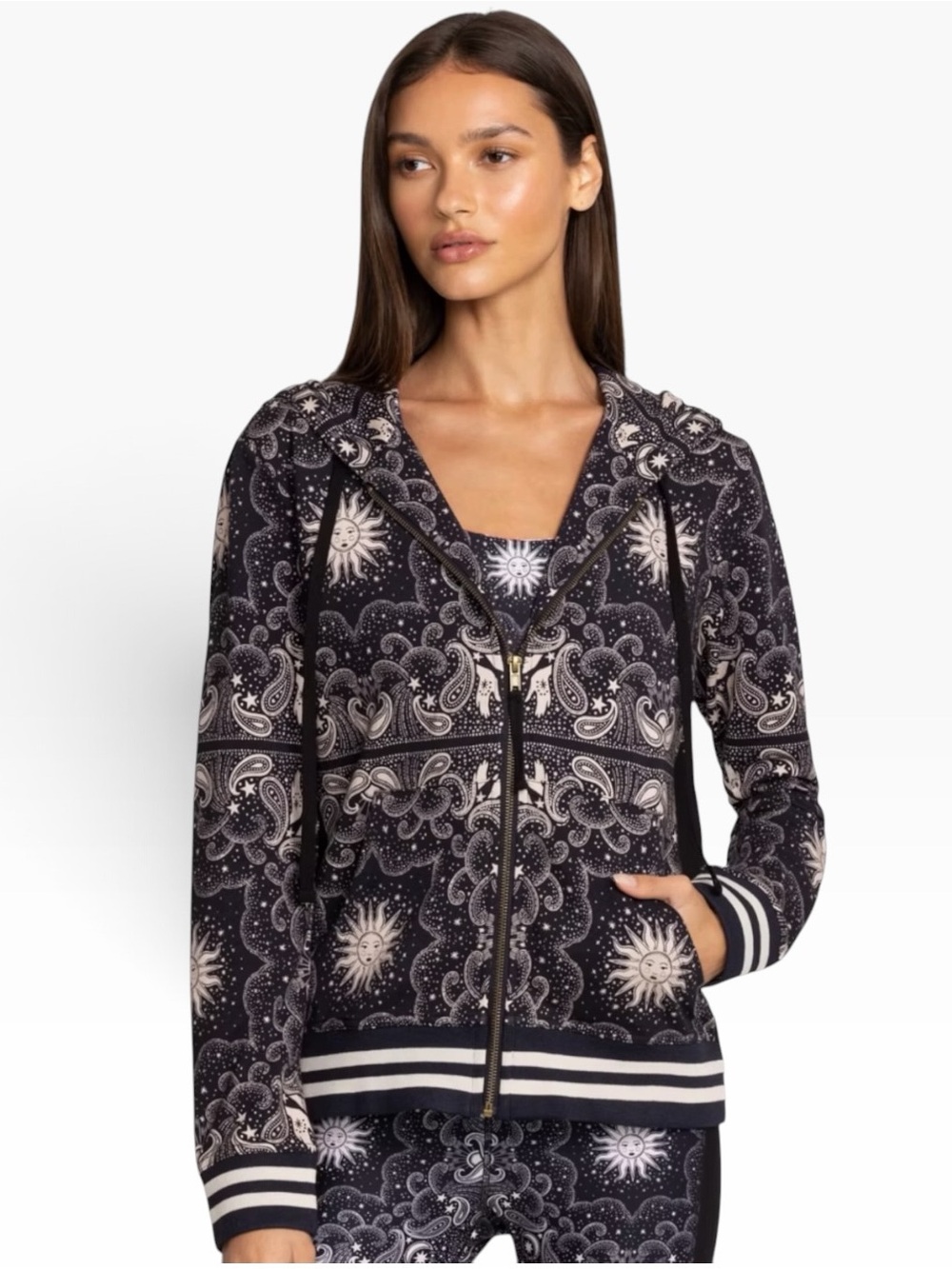 Johnny Was Runa Inset Oversized Celestial Sun Moon Paisley Zip-Up Hoodie Size XL